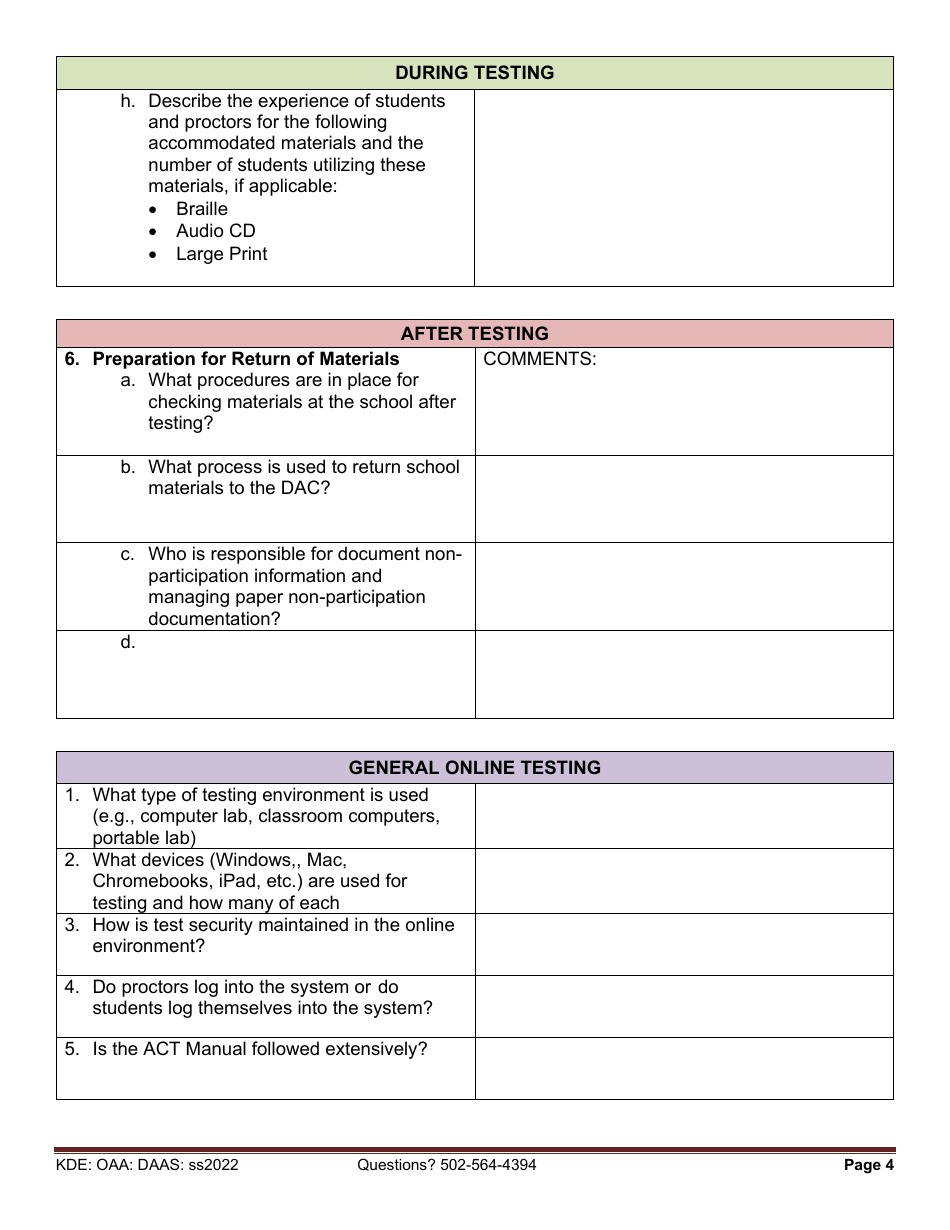 Act Exam Site Visit Survey Questions - Kentucky, Page 4