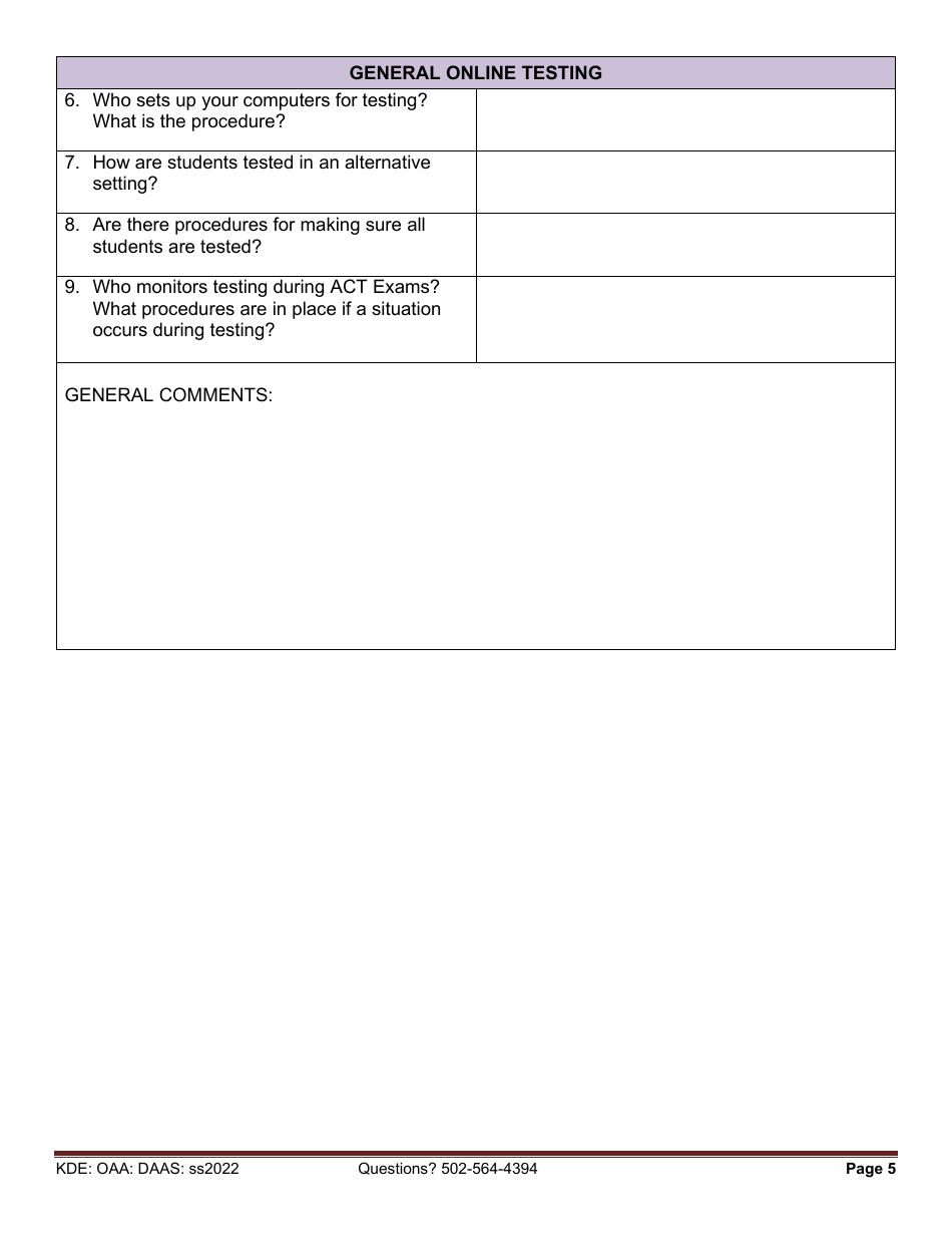 Act Exam Site Visit Survey Questions - Kentucky, Page 5