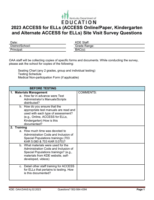 Access for Ells (Access Online/Paper, Kindergarten and Alternate Access for Ells) Site Visit Survey Questions - Kentucky, 2023