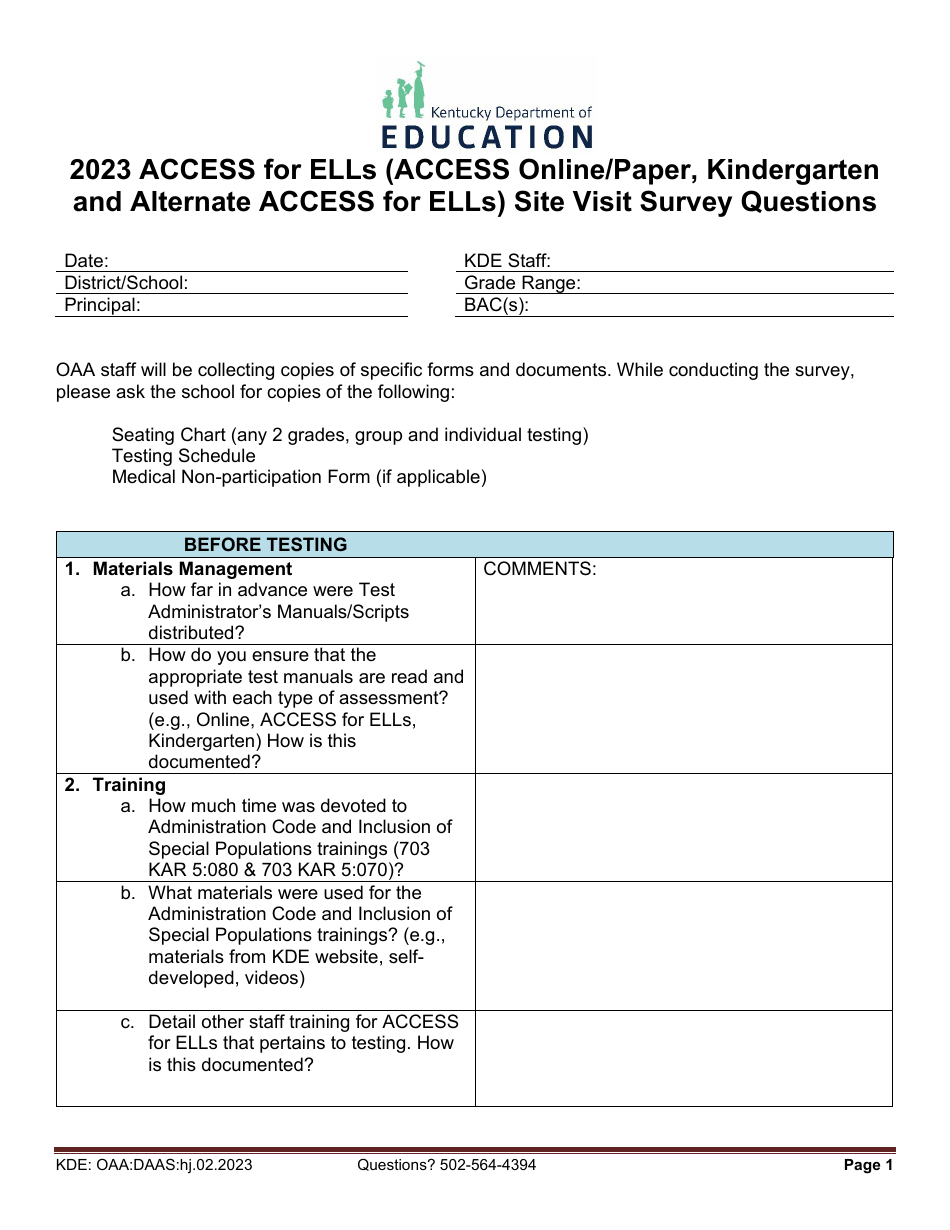 Access for Ells (Access Online / Paper, Kindergarten and Alternate Access for Ells) Site Visit Survey Questions - Kentucky, Page 1