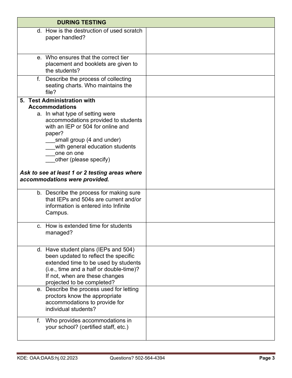 Access for Ells (Access Online / Paper, Kindergarten and Alternate Access for Ells) Site Visit Survey Questions - Kentucky, Page 3