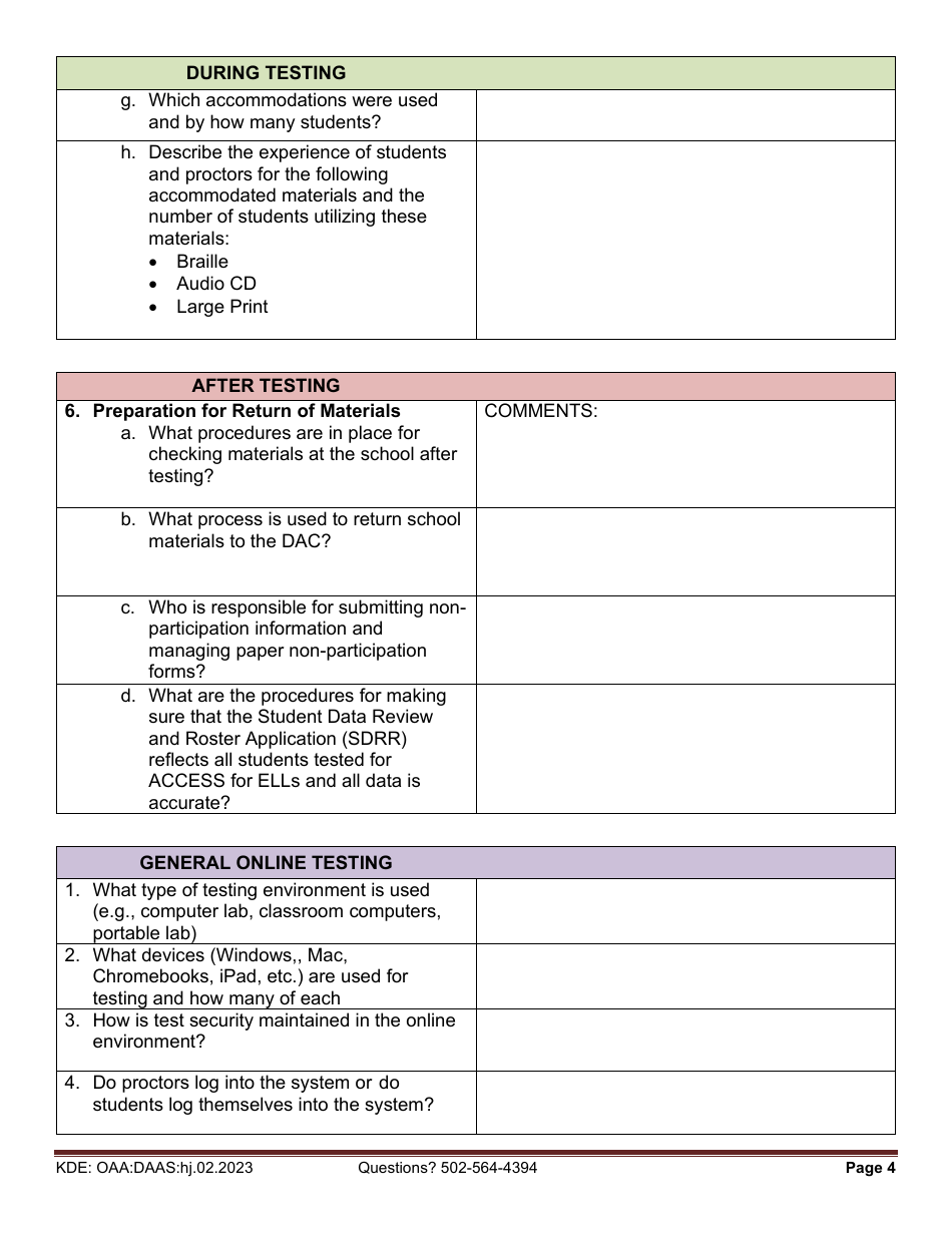 Access for Ells (Access Online / Paper, Kindergarten and Alternate Access for Ells) Site Visit Survey Questions - Kentucky, Page 4