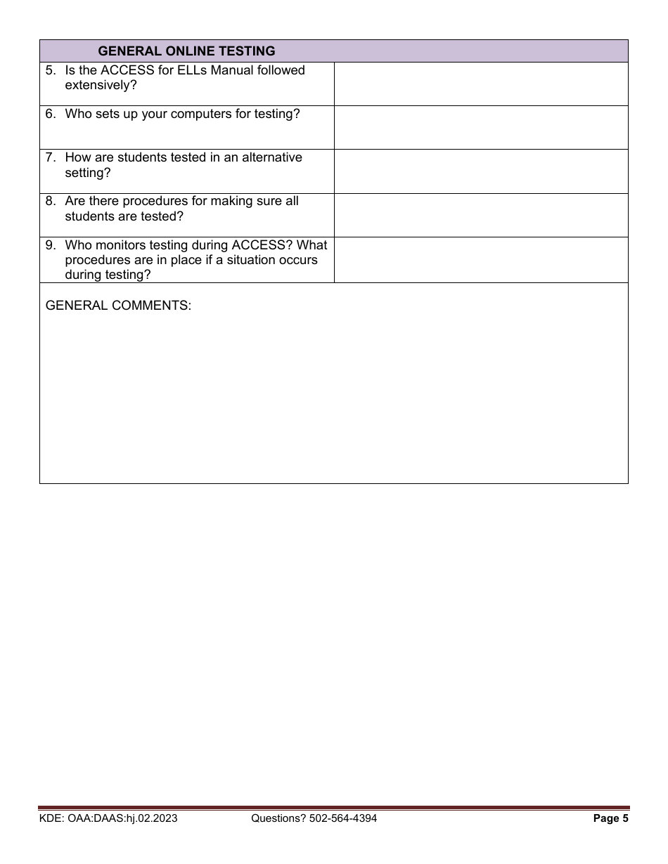 Access for Ells (Access Online / Paper, Kindergarten and Alternate Access for Ells) Site Visit Survey Questions - Kentucky, Page 5