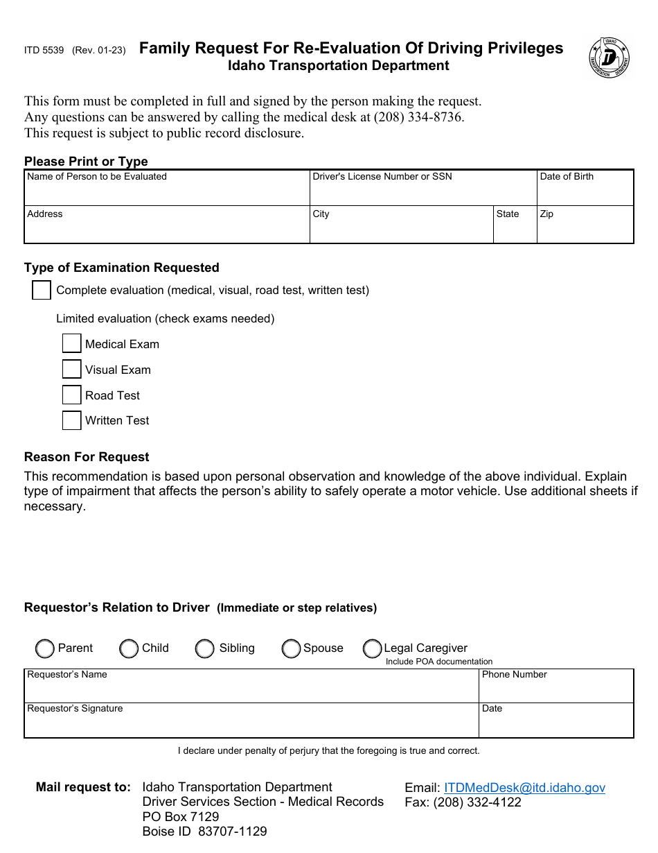 Form ITD5539 Family Request for Re-evaluation of Driving Privileges - Idaho, Page 1