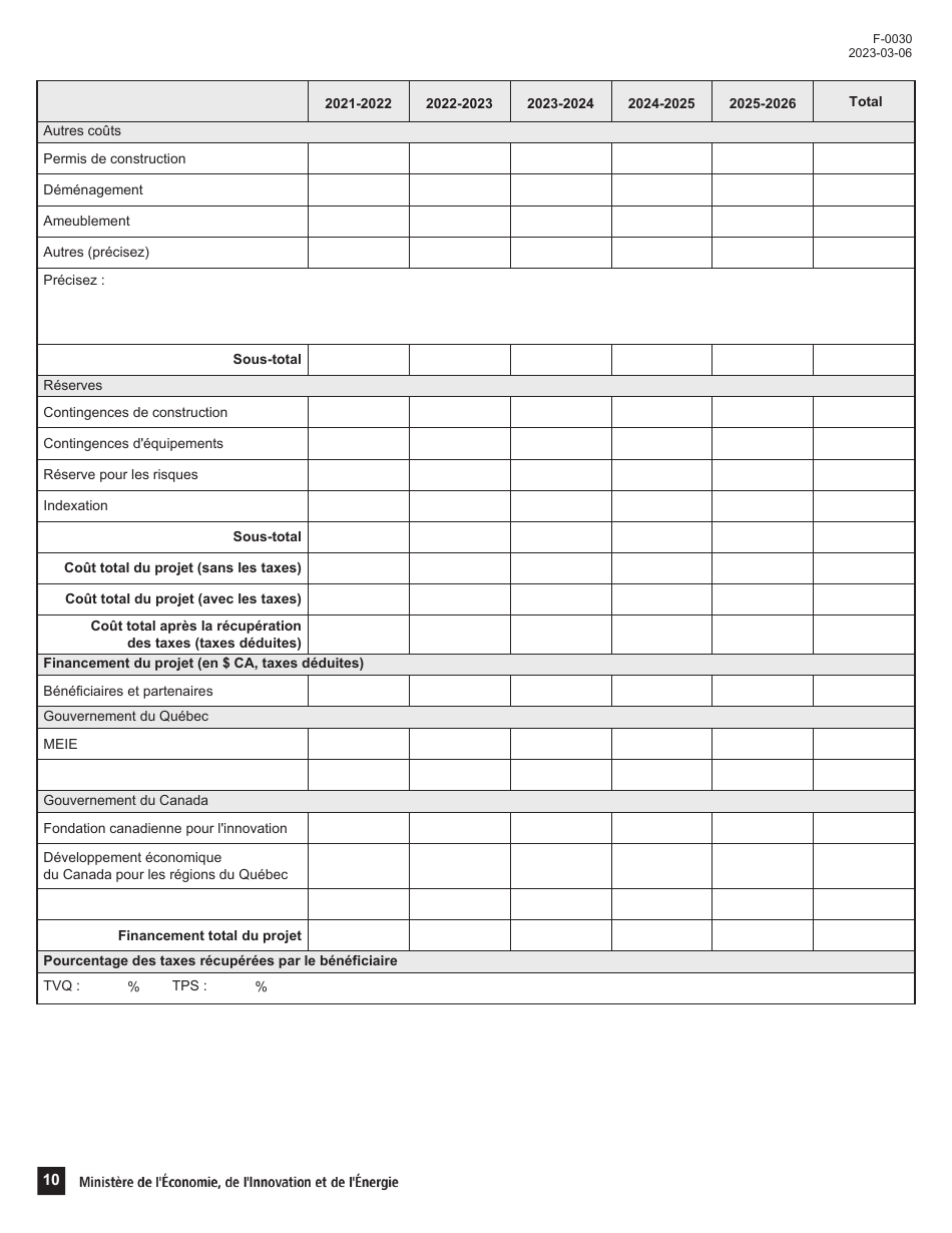 Forme F-0030 Volet 4 Demande Daide Financiere - Soutien Au Financement Dinfrastructures De Recherche Et Dinnovation (Psov4) - Programme De Soutien Aux Organismes De Recherche Et Dinnovation - Quebec, Canada (French), Page 10