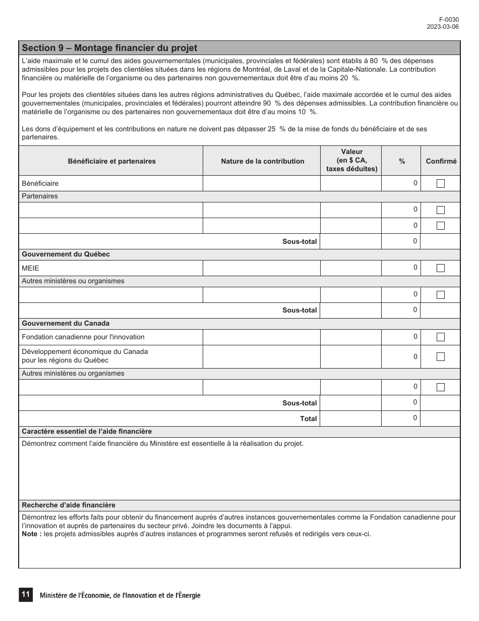 Forme F-0030 Volet 4 Demande Daide Financiere - Soutien Au Financement Dinfrastructures De Recherche Et Dinnovation (Psov4) - Programme De Soutien Aux Organismes De Recherche Et Dinnovation - Quebec, Canada (French), Page 11