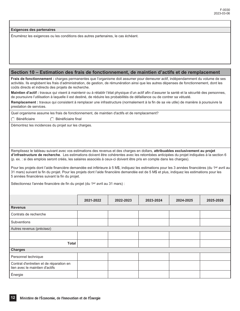 Forme F-0030 Volet 4 Demande Daide Financiere - Soutien Au Financement Dinfrastructures De Recherche Et Dinnovation (Psov4) - Programme De Soutien Aux Organismes De Recherche Et Dinnovation - Quebec, Canada (French), Page 12