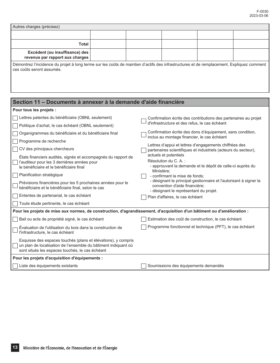Forme F-0030 Volet 4 Demande Daide Financiere - Soutien Au Financement Dinfrastructures De Recherche Et Dinnovation (Psov4) - Programme De Soutien Aux Organismes De Recherche Et Dinnovation - Quebec, Canada (French), Page 13