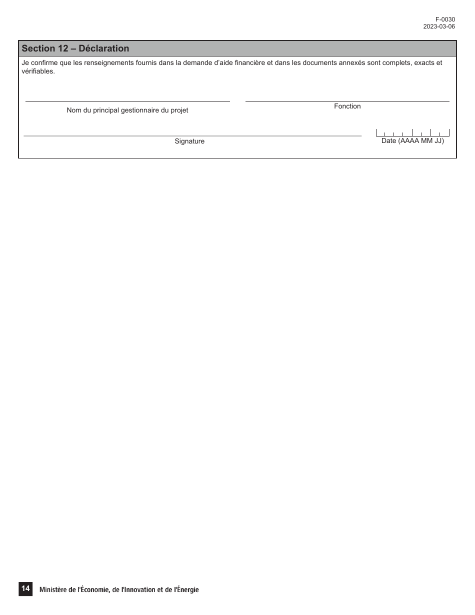 Forme F-0030 Volet 4 Demande Daide Financiere - Soutien Au Financement Dinfrastructures De Recherche Et Dinnovation (Psov4) - Programme De Soutien Aux Organismes De Recherche Et Dinnovation - Quebec, Canada (French), Page 14