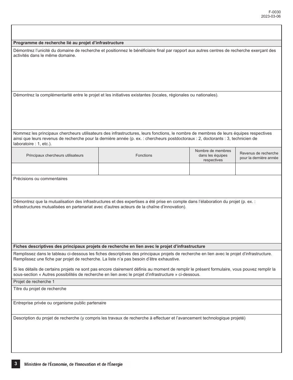 Forme F-0030 Volet 4 Demande Daide Financiere - Soutien Au Financement Dinfrastructures De Recherche Et Dinnovation (Psov4) - Programme De Soutien Aux Organismes De Recherche Et Dinnovation - Quebec, Canada (French), Page 3