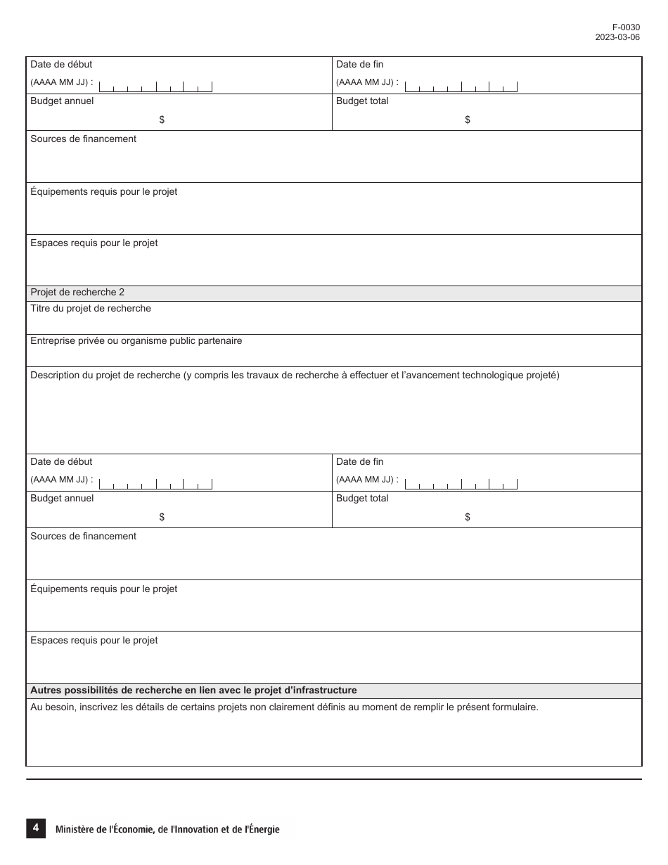 Forme F-0030 Volet 4 Demande Daide Financiere - Soutien Au Financement Dinfrastructures De Recherche Et Dinnovation (Psov4) - Programme De Soutien Aux Organismes De Recherche Et Dinnovation - Quebec, Canada (French), Page 4