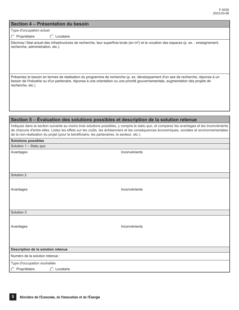 Forme F-0030 Volet 4 Demande Daide Financiere - Soutien Au Financement Dinfrastructures De Recherche Et Dinnovation (Psov4) - Programme De Soutien Aux Organismes De Recherche Et Dinnovation - Quebec, Canada (French), Page 5