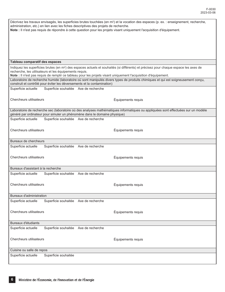 Forme F-0030 Volet 4 Demande Daide Financiere - Soutien Au Financement Dinfrastructures De Recherche Et Dinnovation (Psov4) - Programme De Soutien Aux Organismes De Recherche Et Dinnovation - Quebec, Canada (French), Page 6