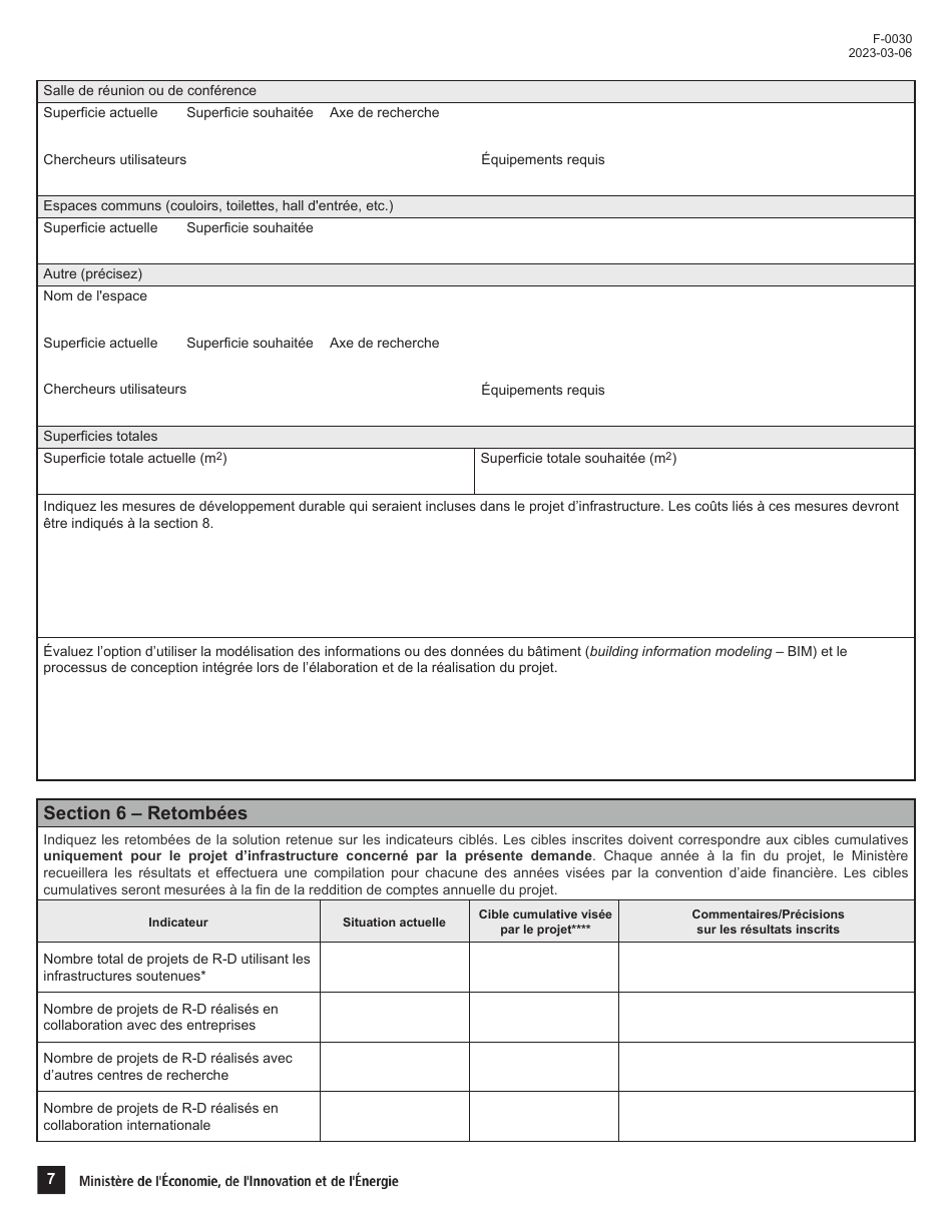 Forme F-0030 Volet 4 Demande Daide Financiere - Soutien Au Financement Dinfrastructures De Recherche Et Dinnovation (Psov4) - Programme De Soutien Aux Organismes De Recherche Et Dinnovation - Quebec, Canada (French), Page 7