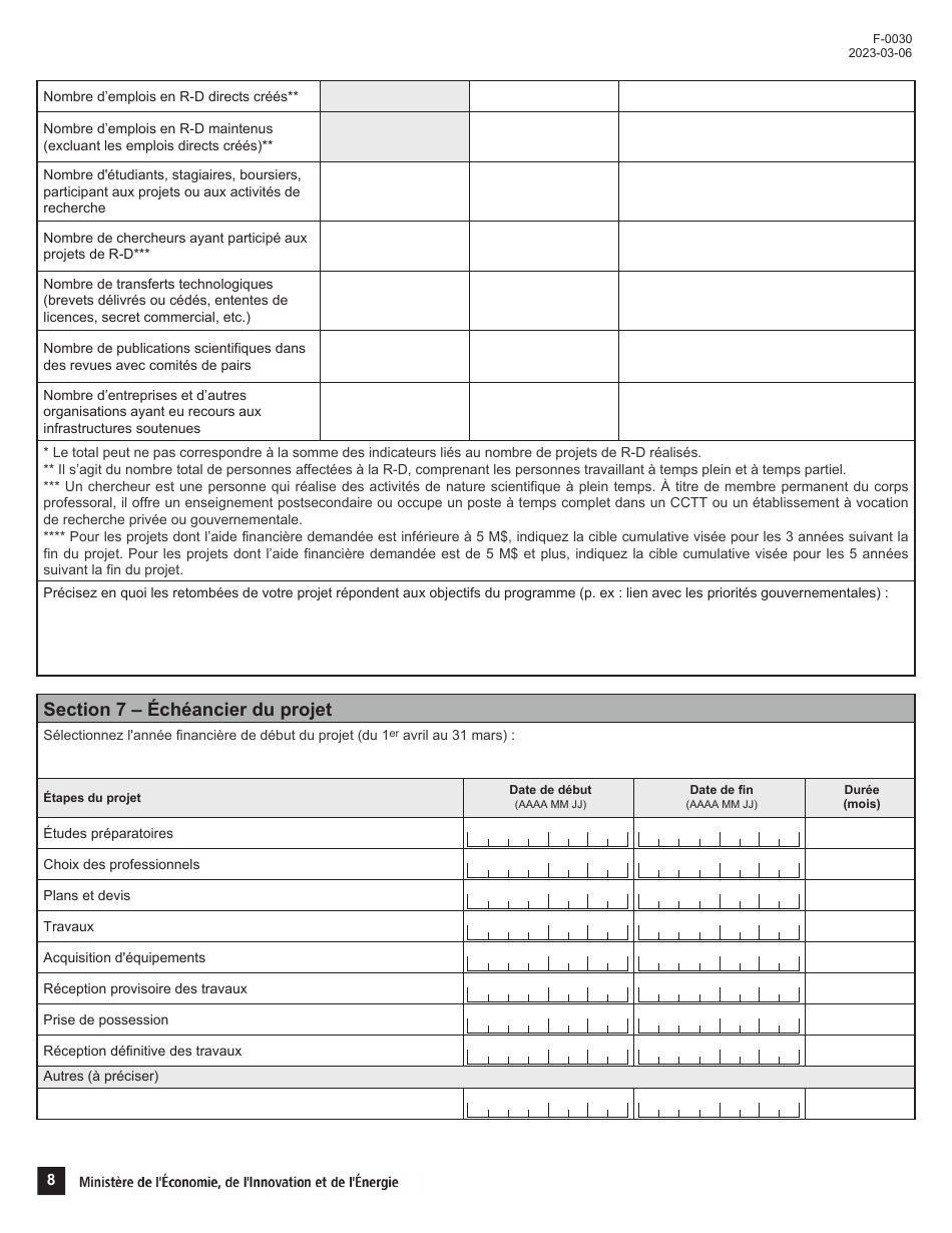 Forme F-0030 Volet 4 Demande Daide Financiere - Soutien Au Financement Dinfrastructures De Recherche Et Dinnovation (Psov4) - Programme De Soutien Aux Organismes De Recherche Et Dinnovation - Quebec, Canada (French), Page 8