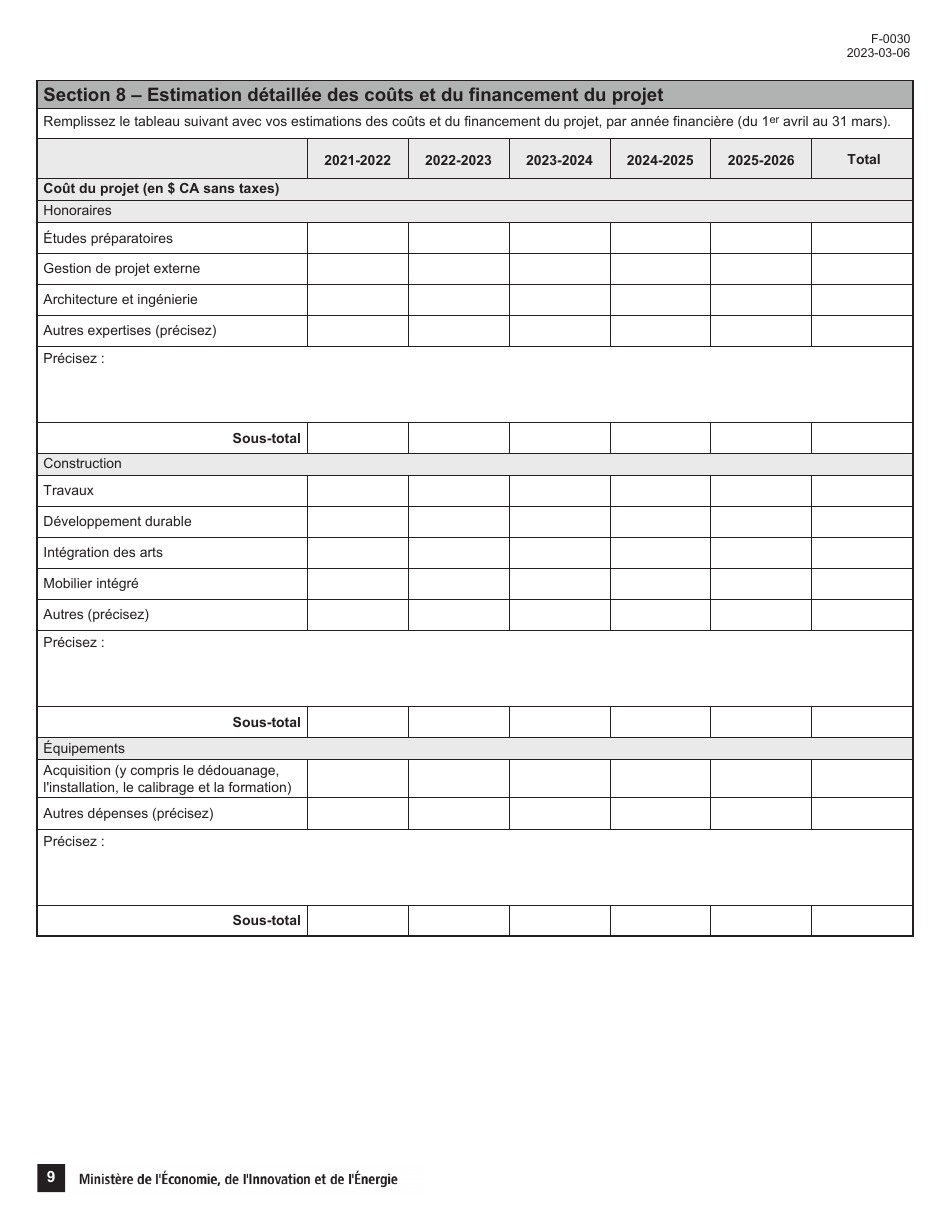 Forme F-0030 Volet 4 Demande Daide Financiere - Soutien Au Financement Dinfrastructures De Recherche Et Dinnovation (Psov4) - Programme De Soutien Aux Organismes De Recherche Et Dinnovation - Quebec, Canada (French), Page 9