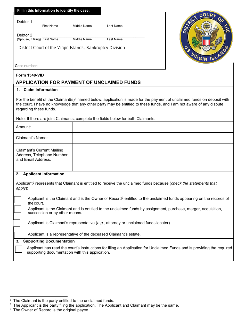 Form 1340-VID Application for Payment of Unclaimed Funds - Virgin Islands, Page 1