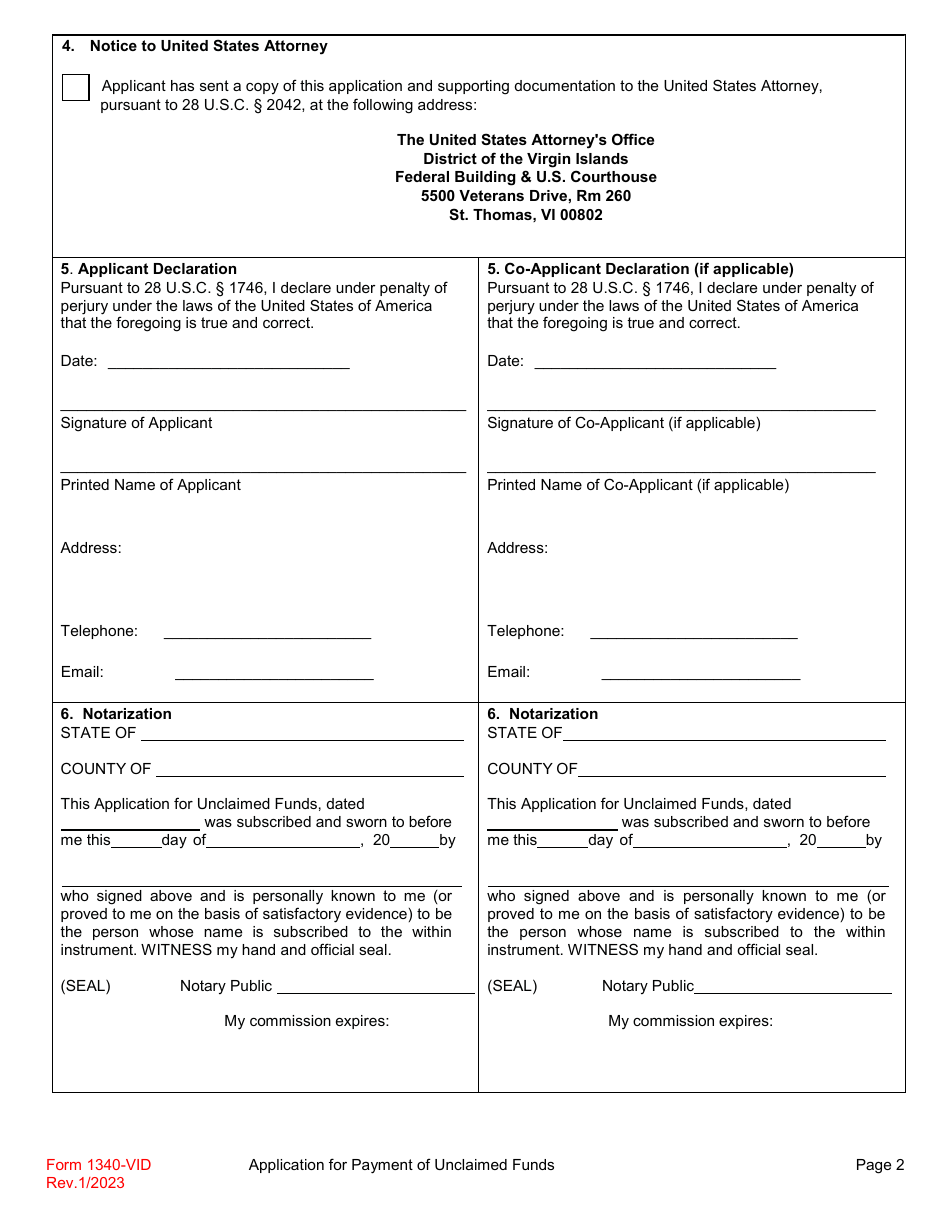 Form 1340-VID Application for Payment of Unclaimed Funds - Virgin Islands, Page 2