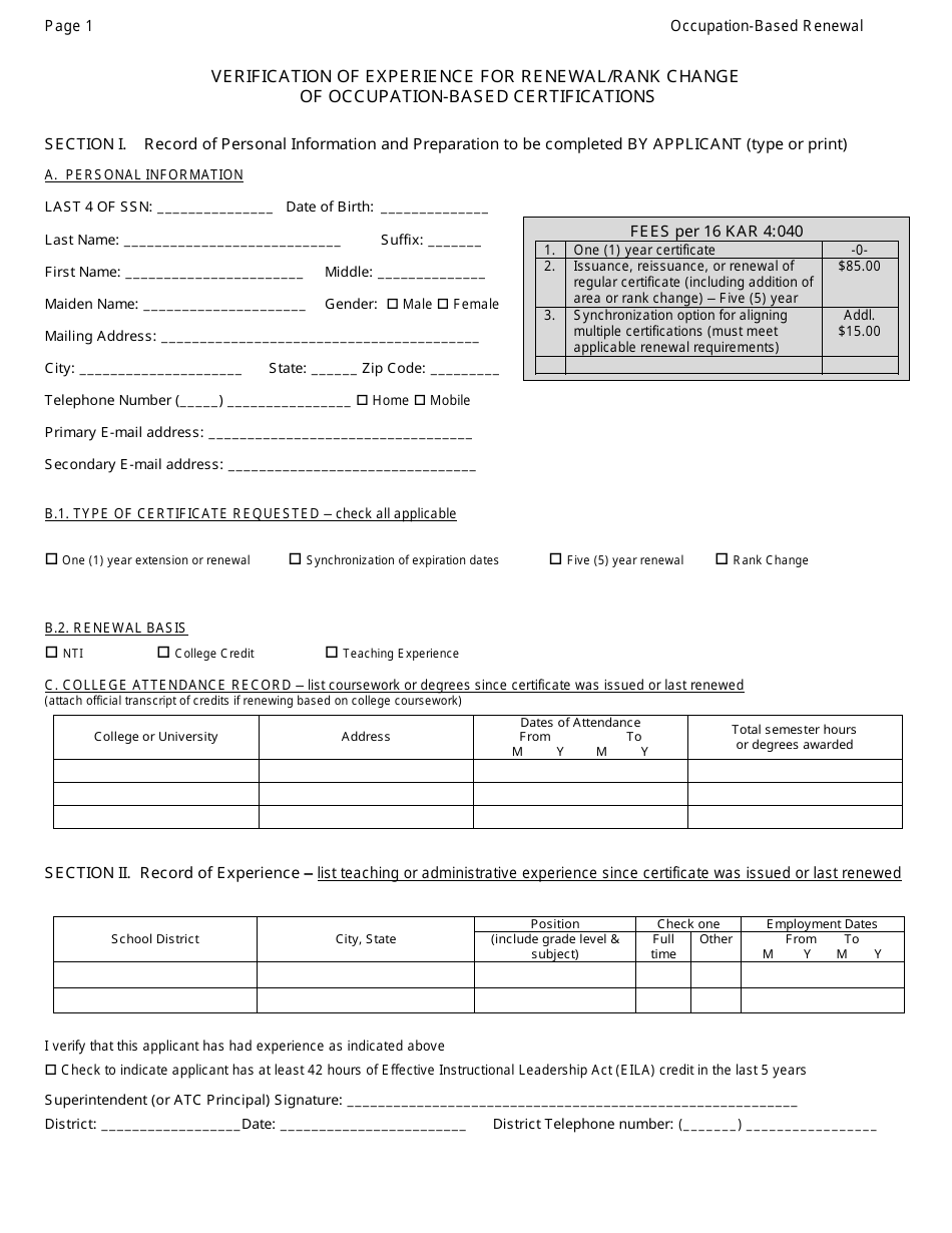 Verification of Experience for Renewal / Rank Change of Occupation-Based Certifications - Kentucky, Page 1