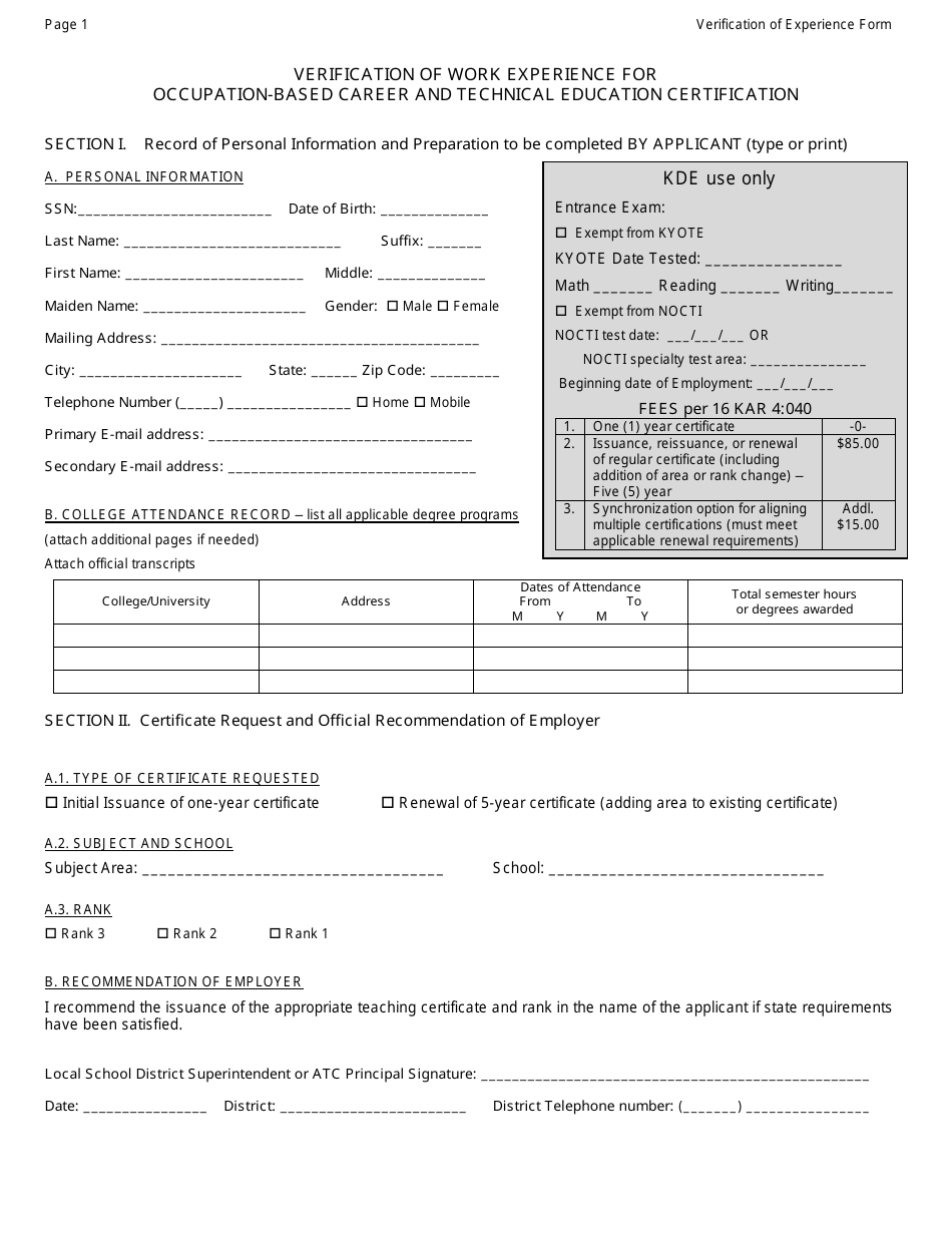 Verification of Work Experience Under Occupation-Based Career and Technical Education Certification - Kentucky, Page 1