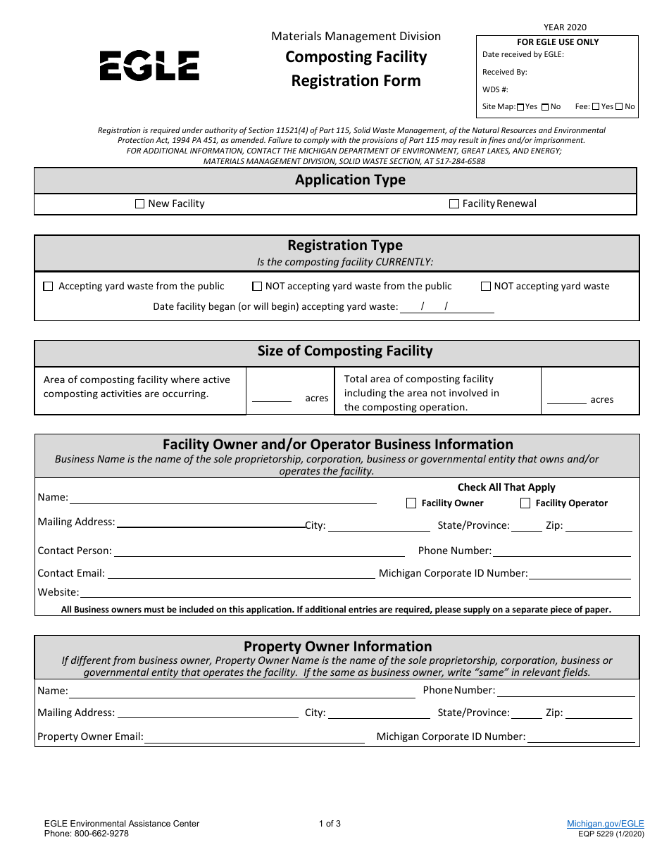 Form EQP5229 Composting Facility Registration Form - Michigan, Page 1