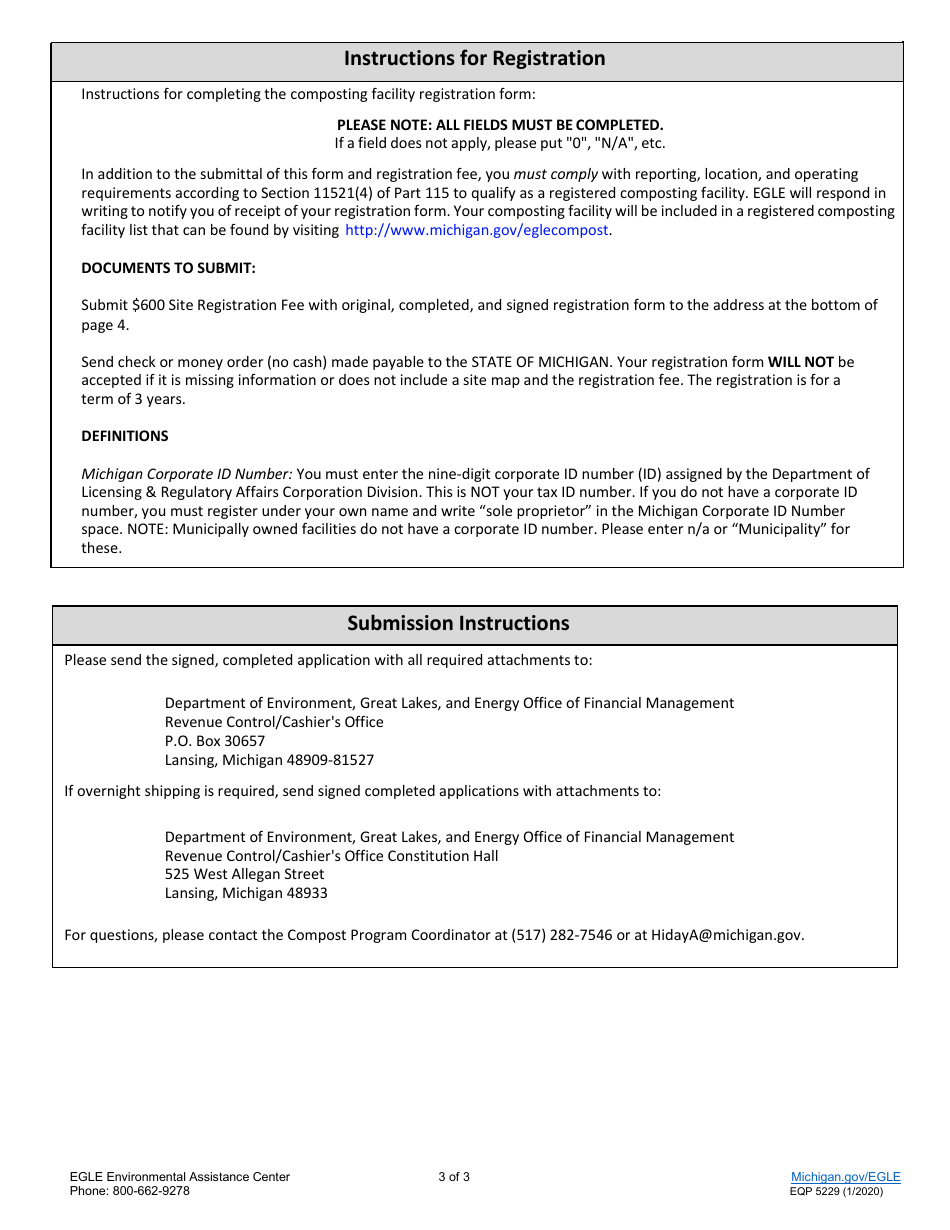 Form EQP5229 Composting Facility Registration Form - Michigan, Page 3