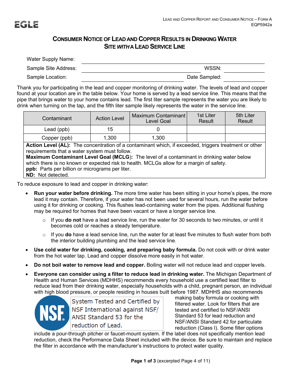 Form A (EQP5942A) Consumer Notice of Lead and Copper Results in Drinking Water Site With a Lead Service Line - Michigan, Page 1