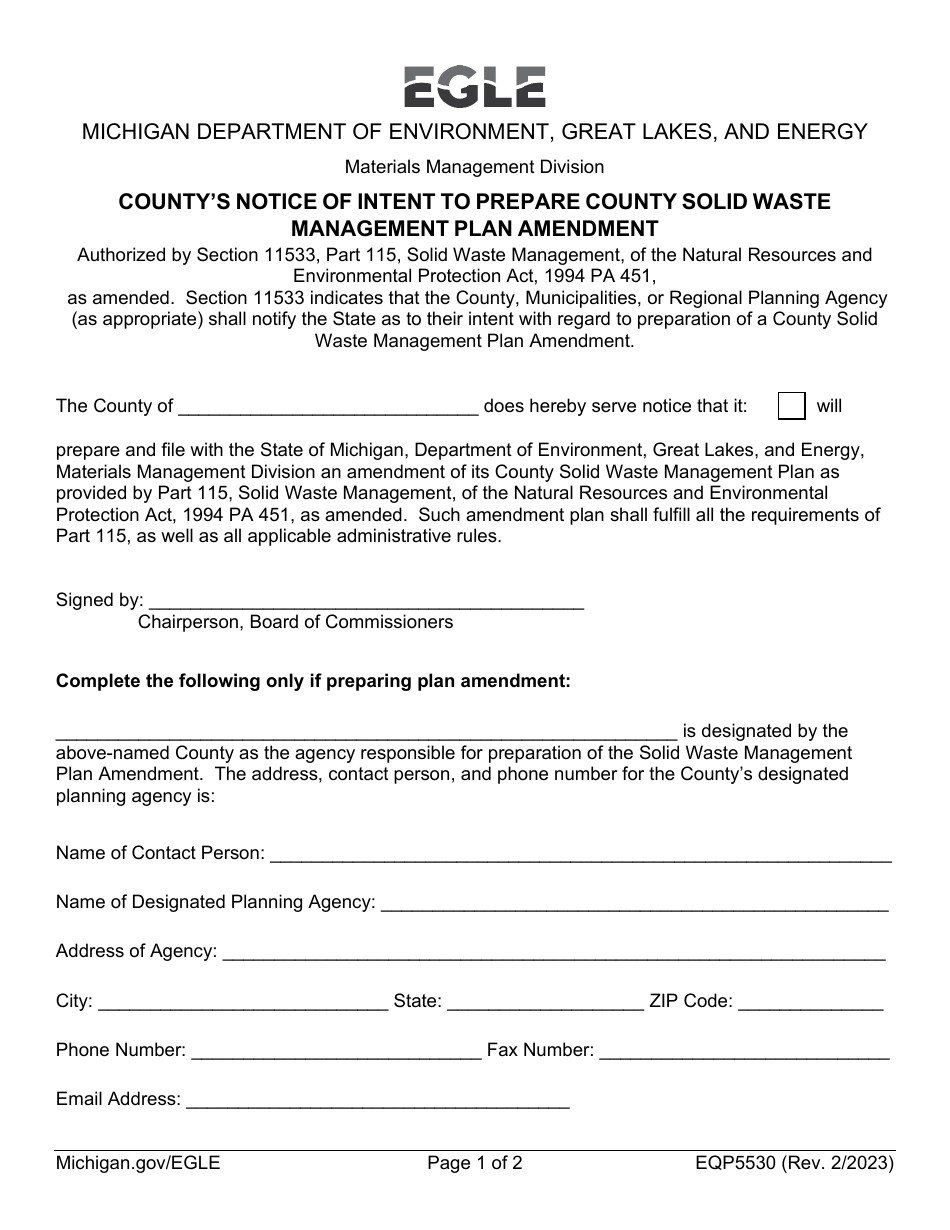 Form EQP5530 Countys Notice of Intent to Prepare County Solid Waste Management Plan Update - Michigan, Page 1