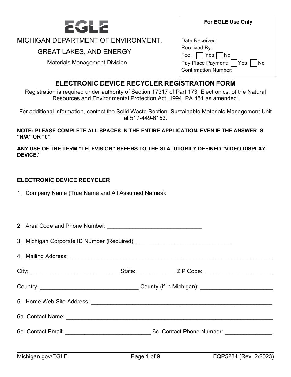 Form EQP5234 Electronic Device Recycler Registration Form - Michigan, Page 1