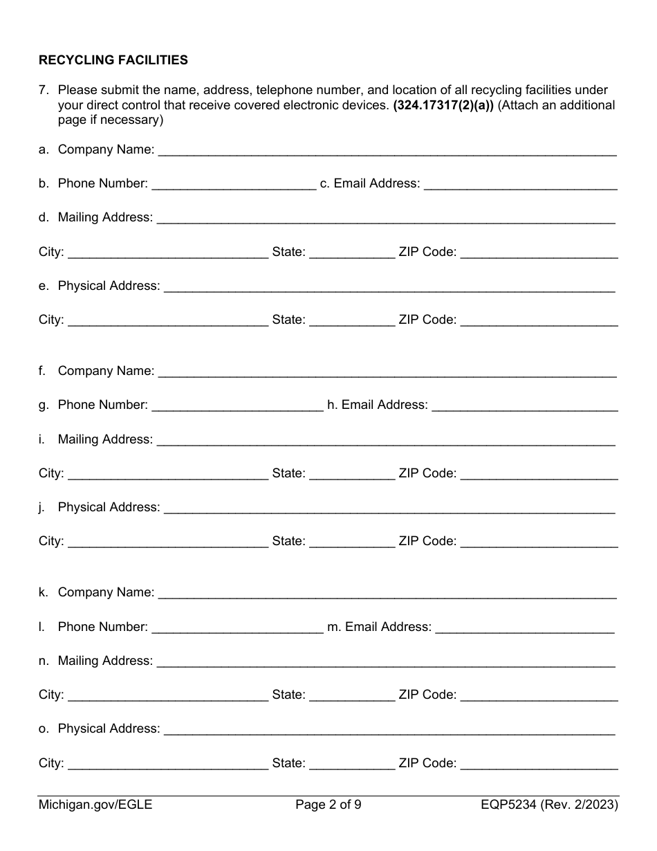 Form EQP5234 Electronic Device Recycler Registration Form - Michigan, Page 2