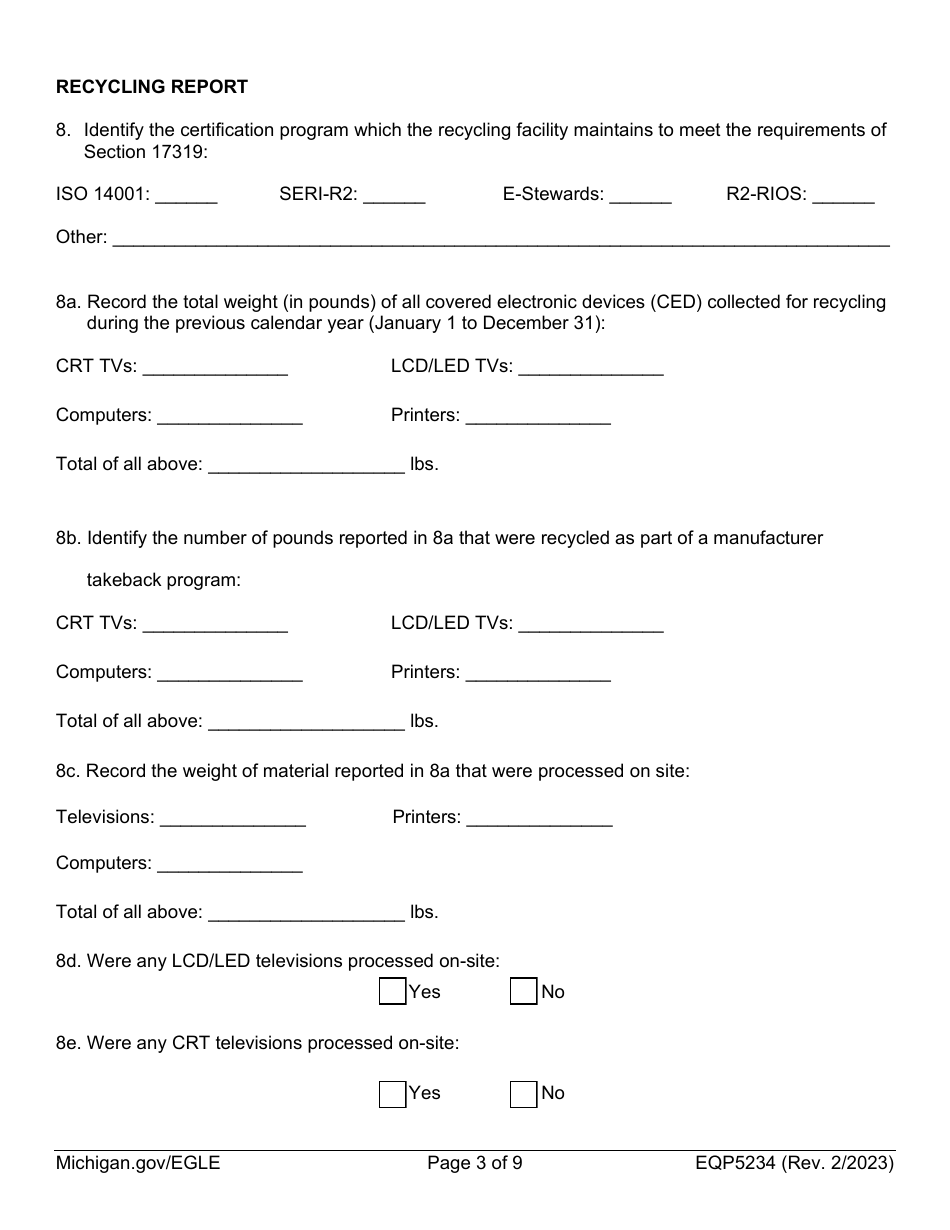Form EQP5234 Electronic Device Recycler Registration Form - Michigan, Page 3