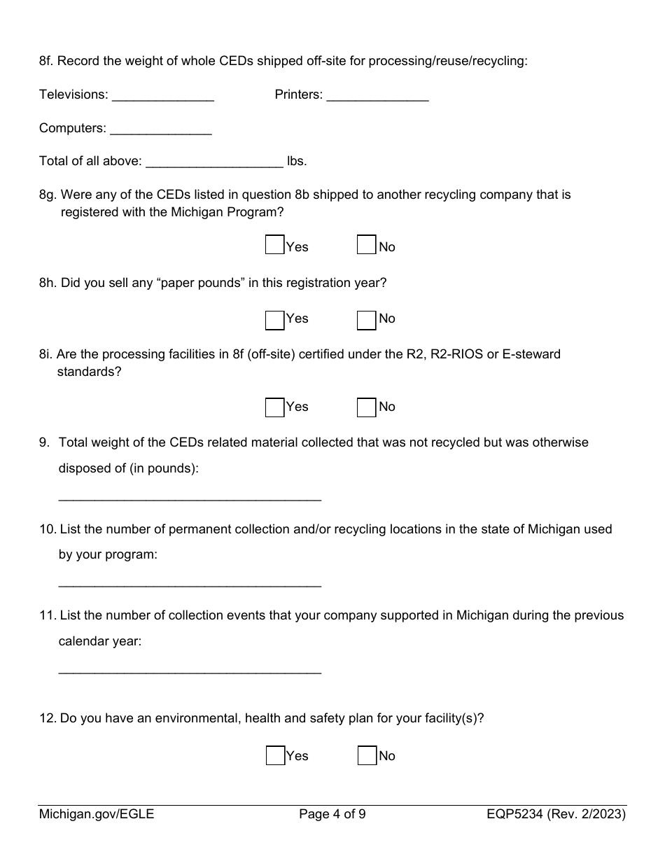 Form EQP5234 Electronic Device Recycler Registration Form - Michigan, Page 4