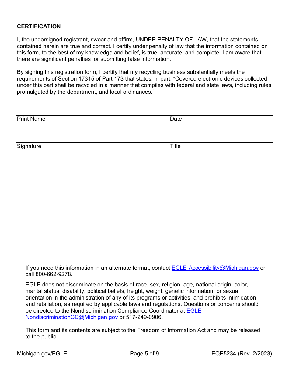 Form EQP5234 Electronic Device Recycler Registration Form - Michigan, Page 5