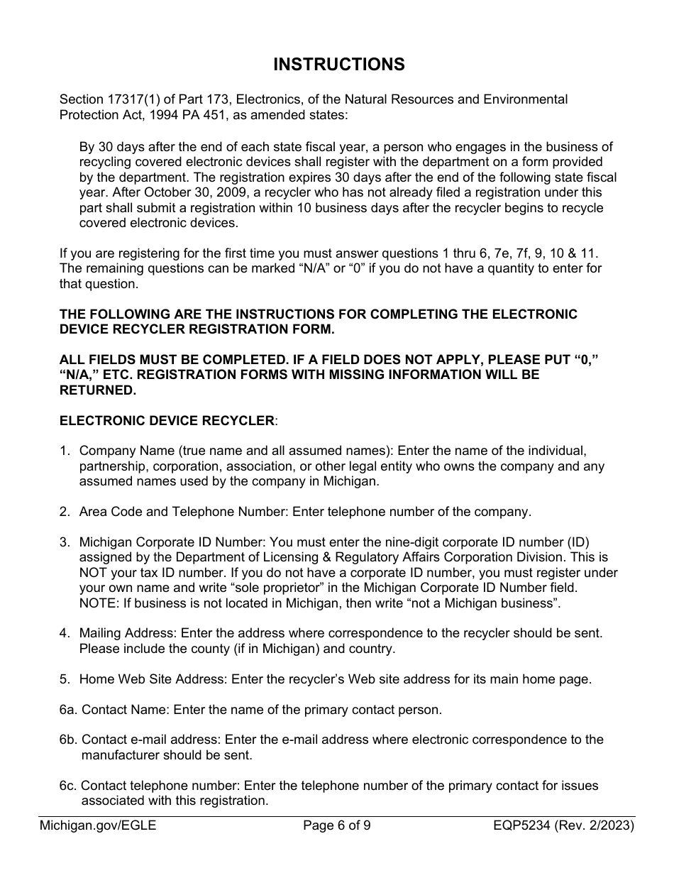 Form EQP5234 Electronic Device Recycler Registration Form - Michigan, Page 6