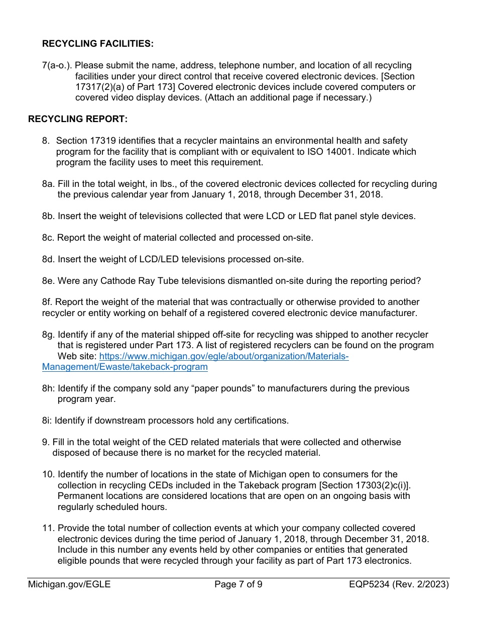 Form EQP5234 Electronic Device Recycler Registration Form - Michigan, Page 7
