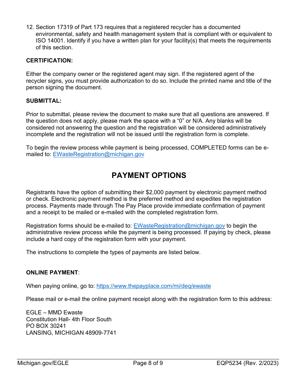 Form EQP5234 Electronic Device Recycler Registration Form - Michigan, Page 8