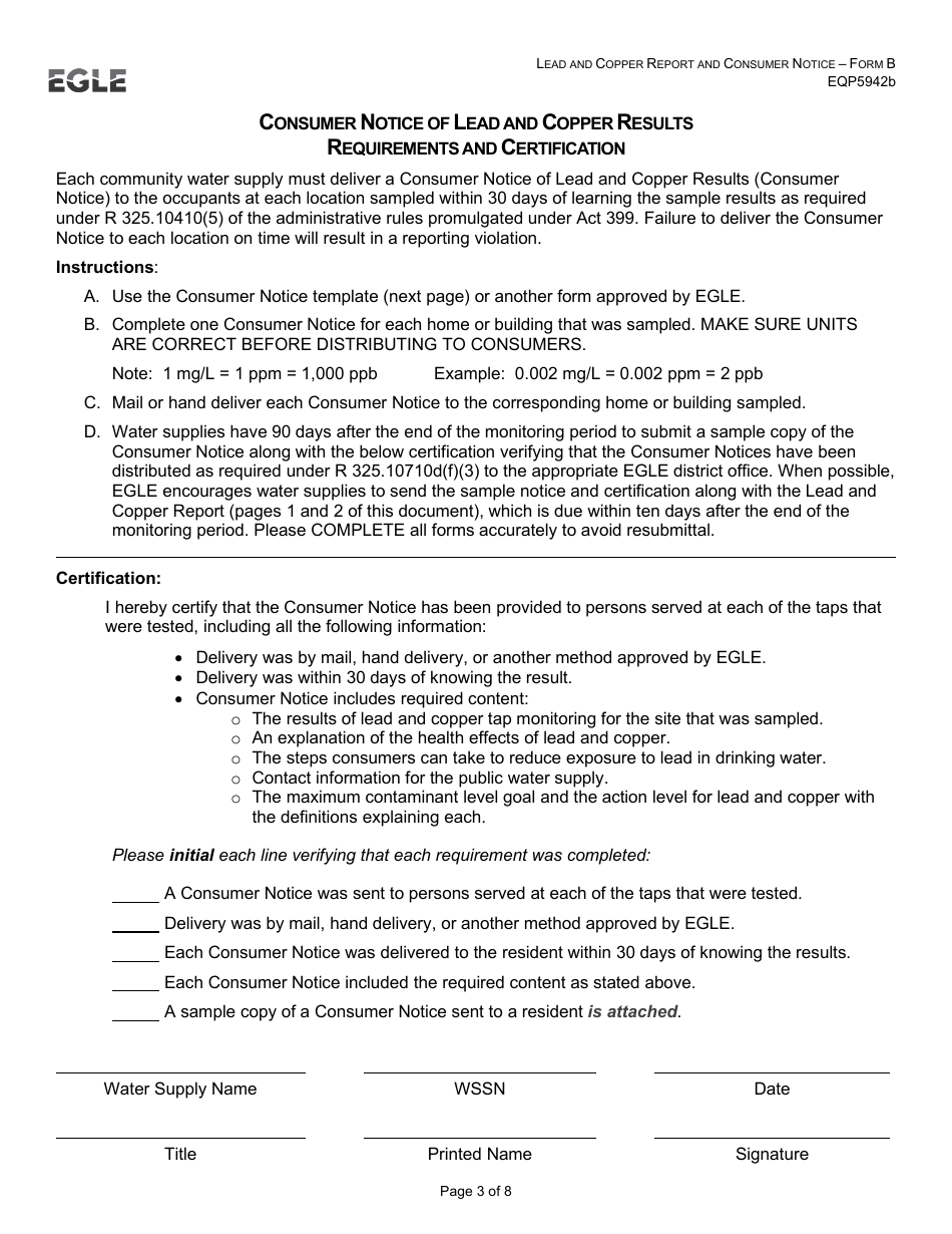 Form B (EQP5942B) Lead and Copper Report and Consumer Notice for Community Water Supply - Supplies Without Lead Service Lines - Michigan, Page 3