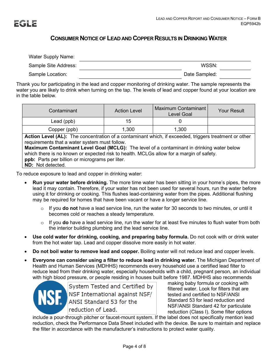 Form B (EQP5942B) Lead and Copper Report and Consumer Notice for Community Water Supply - Supplies Without Lead Service Lines - Michigan, Page 4