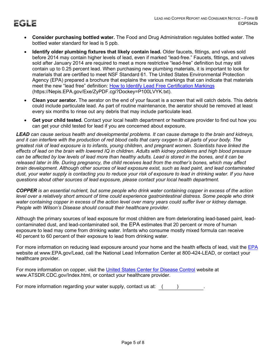 Form B (EQP5942B) Lead and Copper Report and Consumer Notice for Community Water Supply - Supplies Without Lead Service Lines - Michigan, Page 5