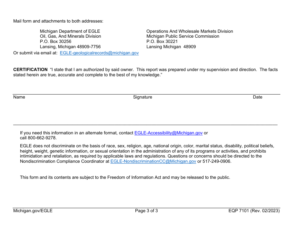 Form EQP7101 Monthly Production Report - Michigan, Page 3