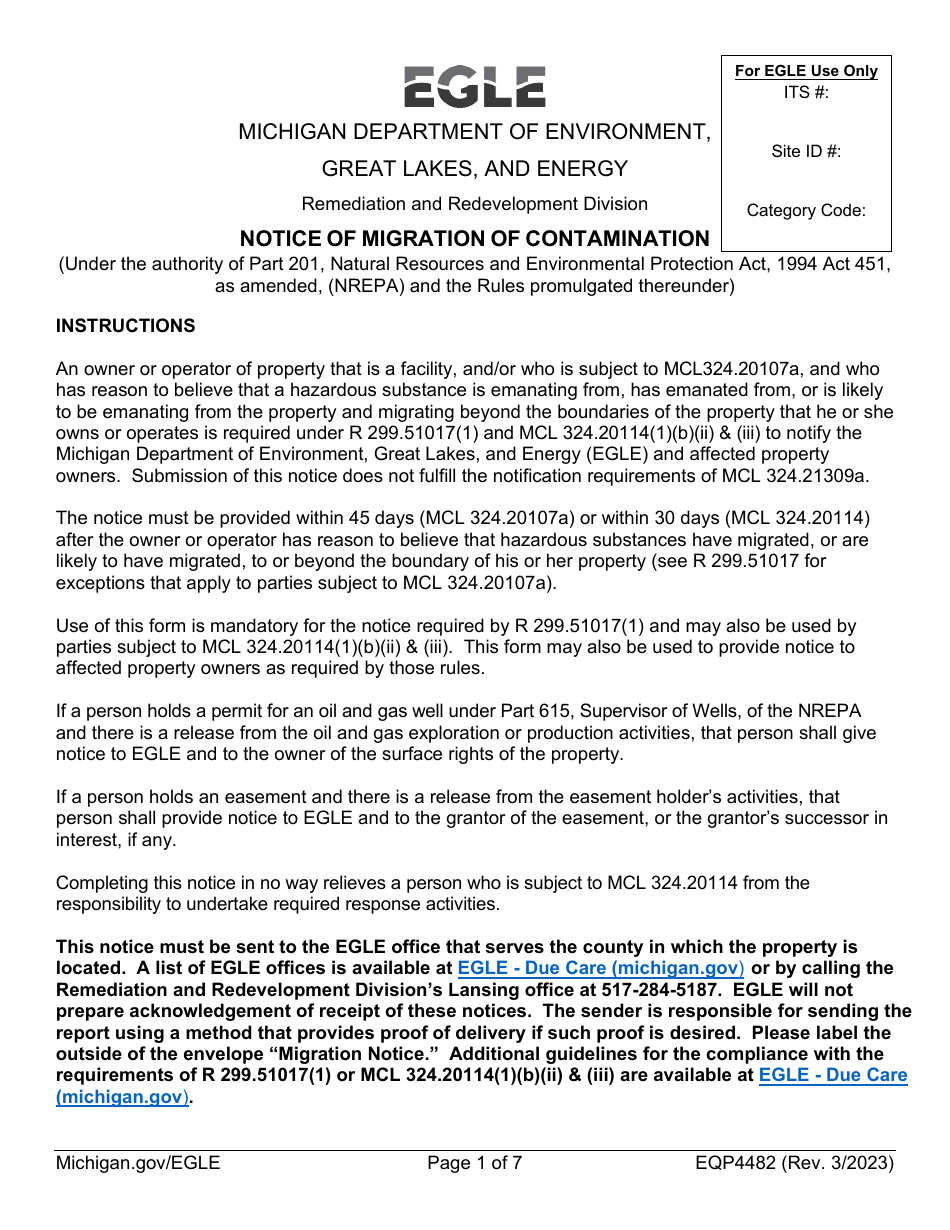 Form EQP4482 Notice of Migration of Contamination - Michigan, Page 1