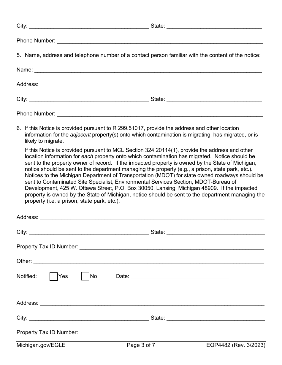 Form EQP4482 Notice of Migration of Contamination - Michigan, Page 3
