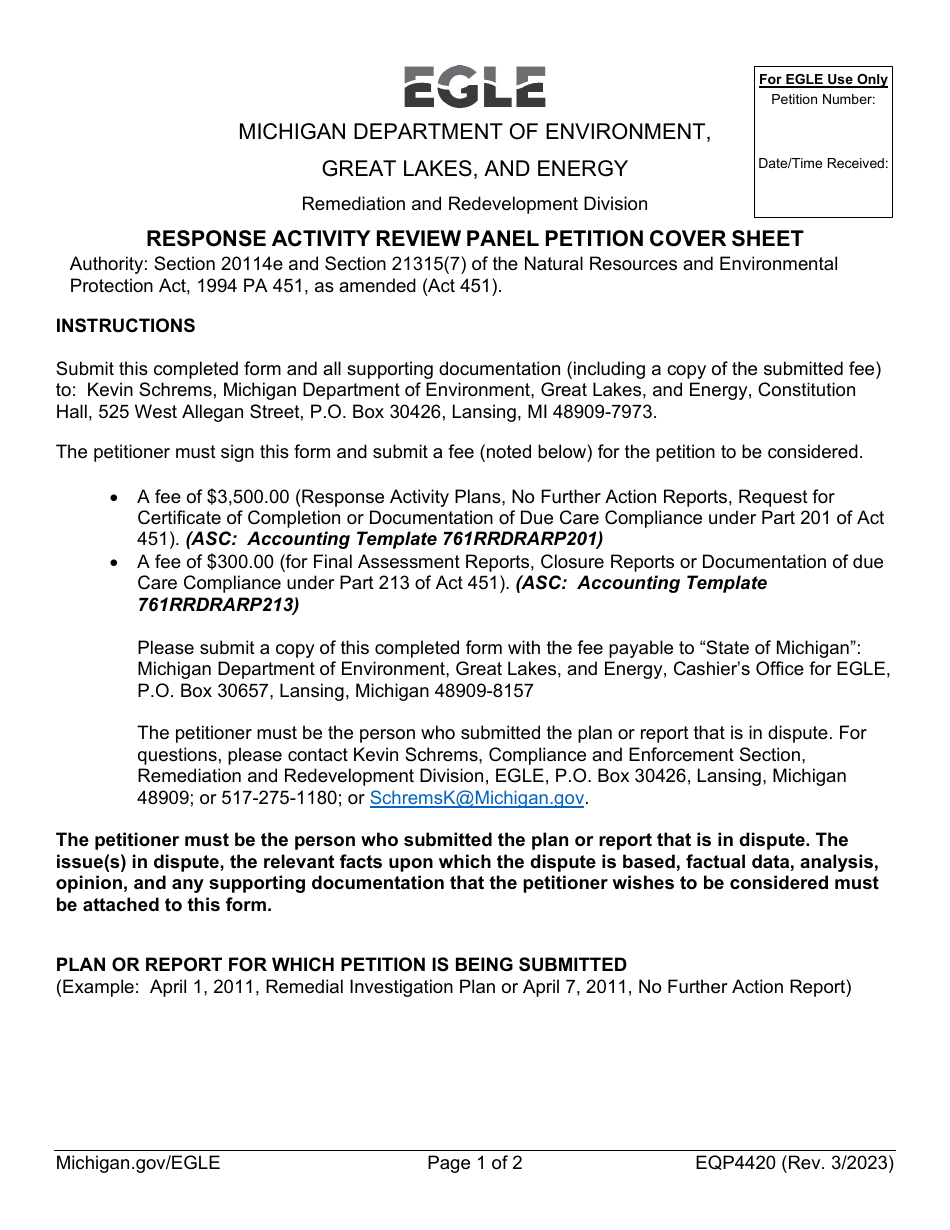 Form EQP4420 Response Activity Review Panel Petition Cover Sheet - Michigan, Page 1