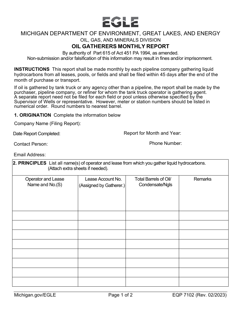 Form EQP7102 Oil Gatherers Monthly Report - Michigan, Page 1