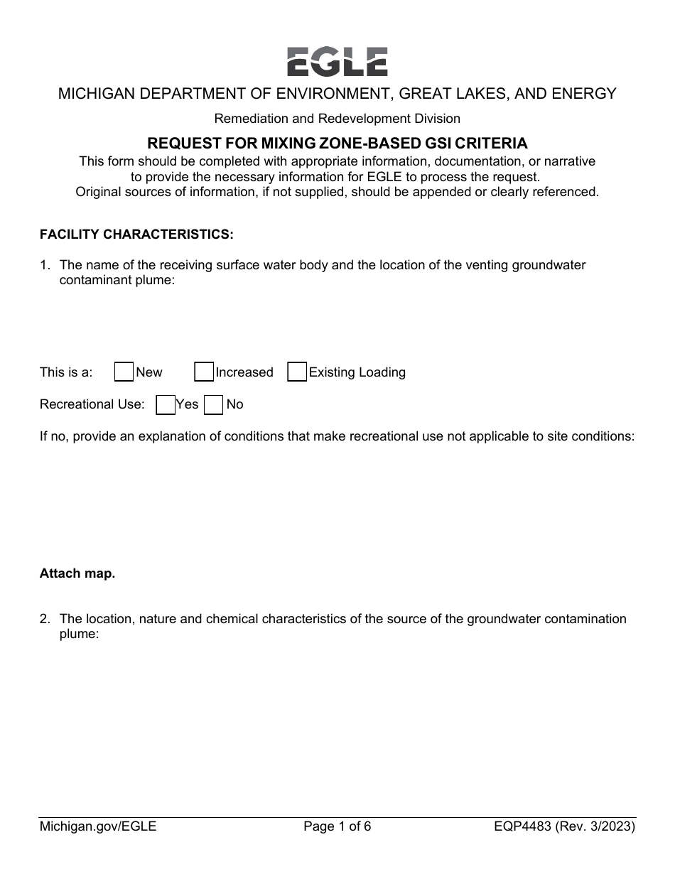 Form EQP4483 Request for Mixing Zone-Based Gsi Criteria - Michigan, Page 1