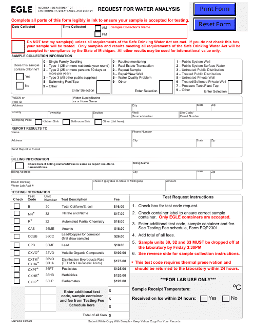 Form EQP2300 Request for Water Analysis - Michigan, 2023