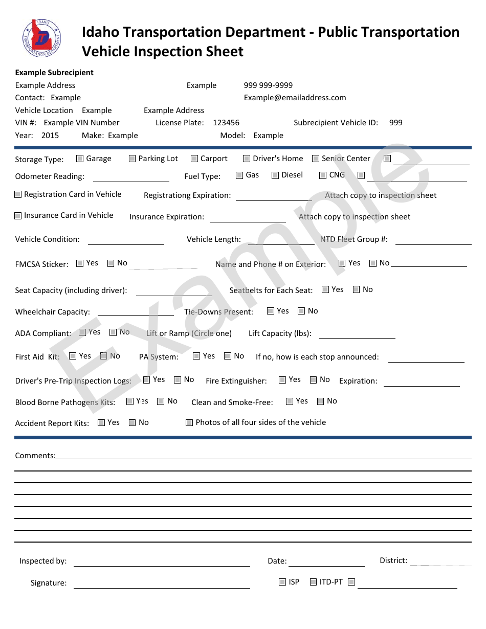 Public Transportation Vehicle Inspection Sheet - Example - Idaho, Page 1