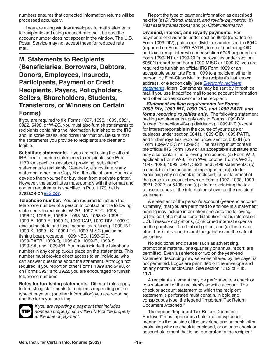 Instructions for IRS Form 1096, 1097, 1098, 1099, 3921, 3922, 5498, W-2G, Page 15