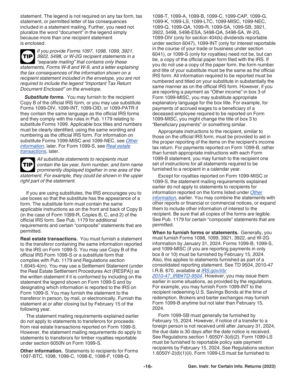 Instructions for IRS Form 1096, 1097, 1098, 1099, 3921, 3922, 5498, W-2G, Page 16