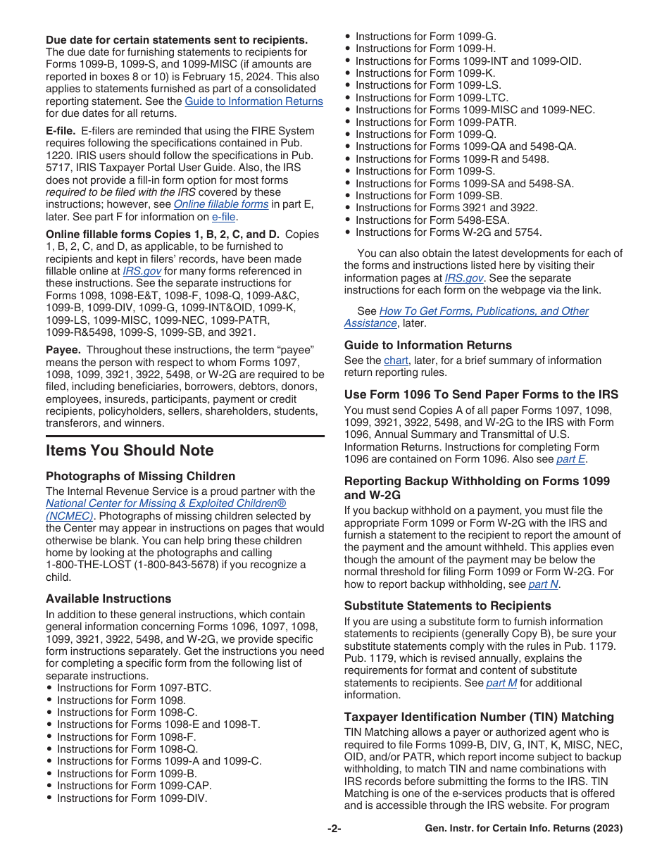 Instructions for IRS Form 1096, 1097, 1098, 1099, 3921, 3922, 5498, W-2G, Page 2